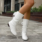 BELLA- Modne damskie sznurowane botki na grubym obcasie do połowy łydki