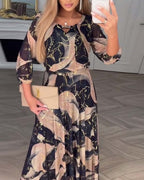 Loliya - Elegancka szyfonowa sukienka z nadrukiem na trzy czwarte rękawa