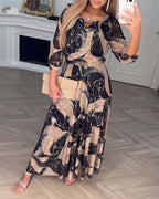 Loliya - Elegancka szyfonowa sukienka z nadrukiem na trzy czwarte rękawa