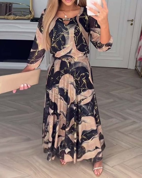 Loliya - Elegancka szyfonowa sukienka z nadrukiem na trzy czwarte rękawa