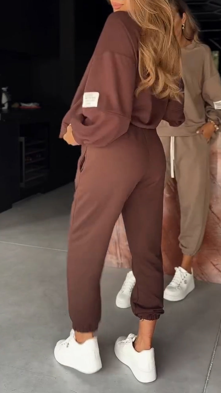 TEKLA -Damski zestaw casualowy z bluzką i spodniami z okrągłym dekoltem