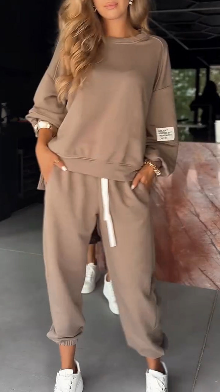 TEKLA -Damski zestaw casualowy z bluzką i spodniami z okrągłym dekoltem