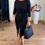 Maika - Elegancka sukienka midi z węzłem z przodu i rozcięciem dla kobiet